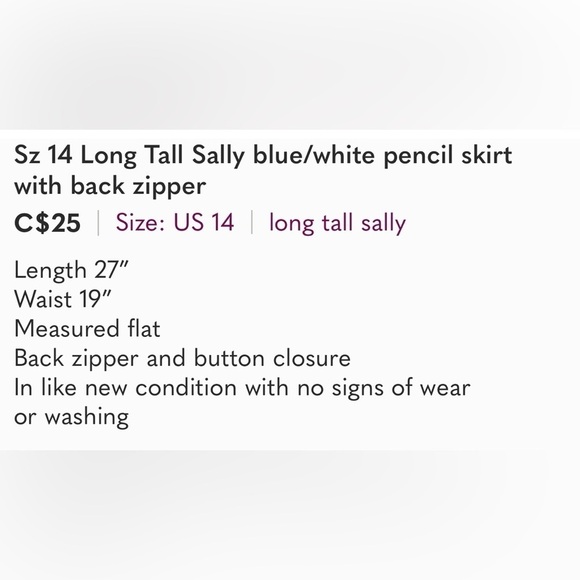 Sz 14 Long Tall  Sally blue/white pencil skirt with back zipper - Picture 9 of 9